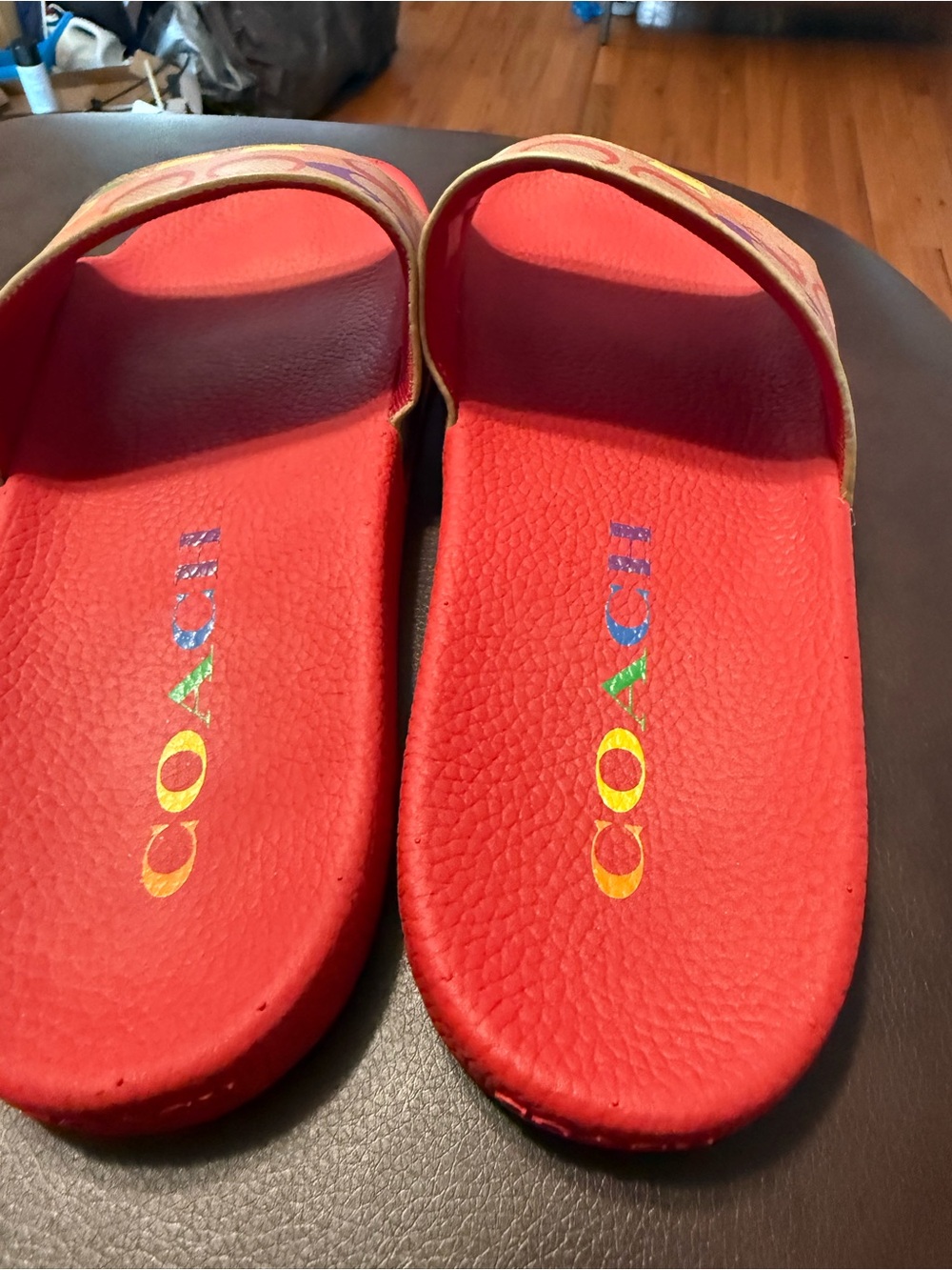 Coach Bright Red Slides with Multicolor Signature Strap - Picture 2 of 8